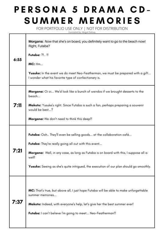 Translated portion of the Persona 5 Drama CD "Summer Memories"