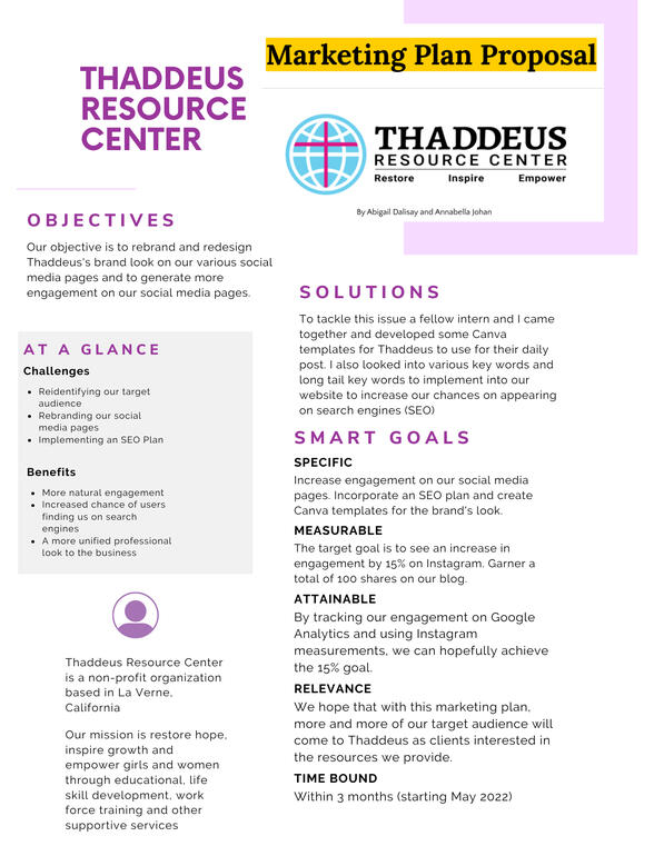 Case Study of the Marketing Plan I created during my time at Thaddeus Resource Center